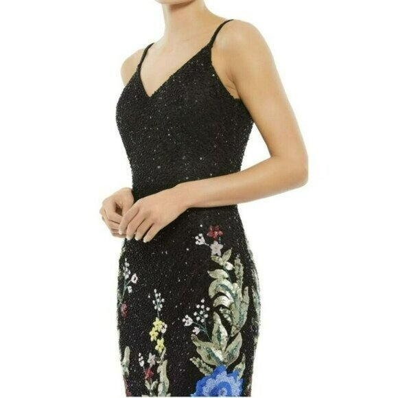 Mac Duggal $798 Black Sequins Floral Maxi Dress Formal Beaded Gown Size 4 NWT - Picture 2 of 12